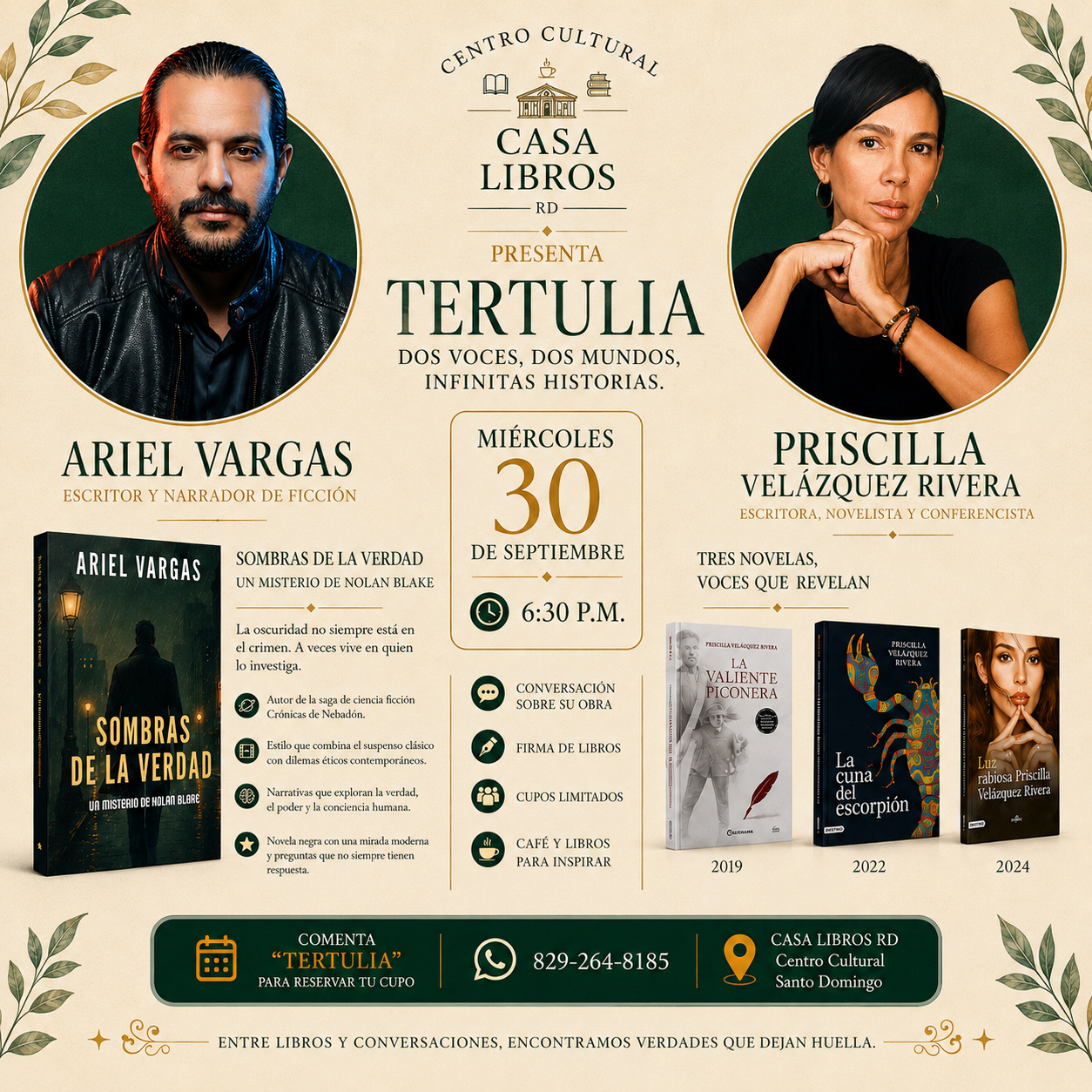 Tertulia Vino & Tinta 30.09.26 | 6:00 PM - 8:00 PM | Miércoles 30 Septiembre 2026